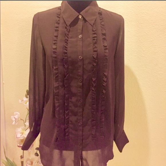Tops - Brown Sheer Ruffle Front Collared Blouse